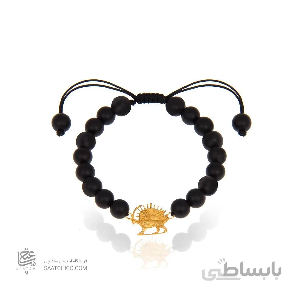 دستبند سنگ مردانه با پلاک طلا طرح شیر و خورشید کد MB101