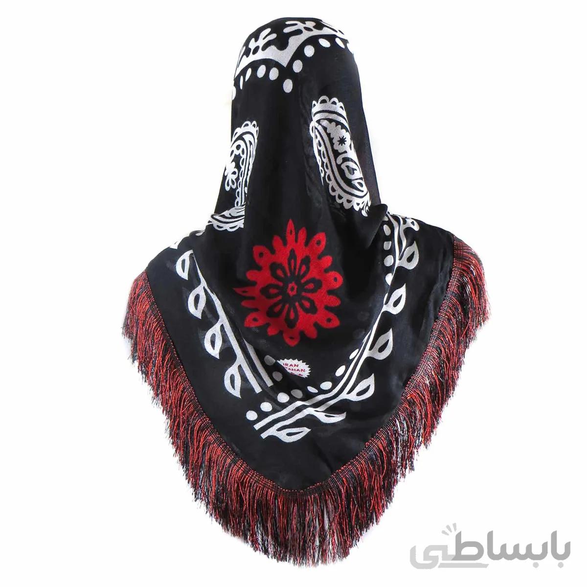 روسری سنتی کردستان ریشه دار مشکی - قرمز 1.5 متری