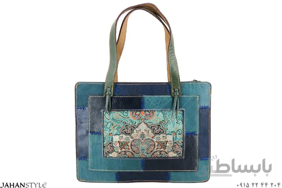 کیف دستی چرم طبیعی چهل‌تکه ترمه دوزی کد 588024