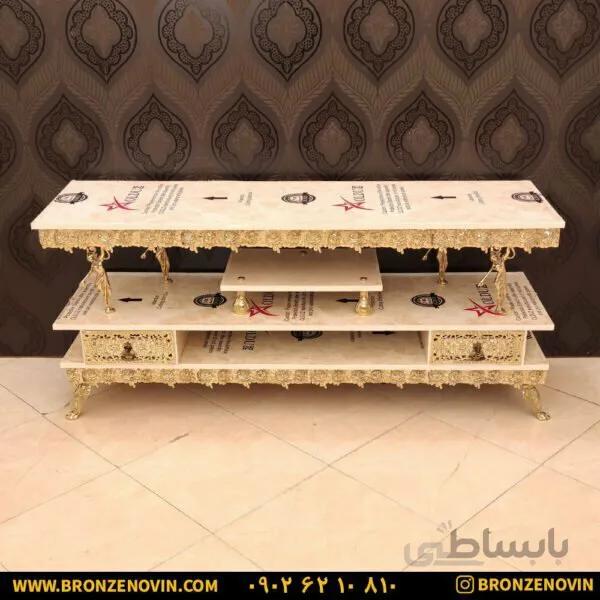 میز تلویزیون برنزی دو کشو تسمه گل رز چسبیده