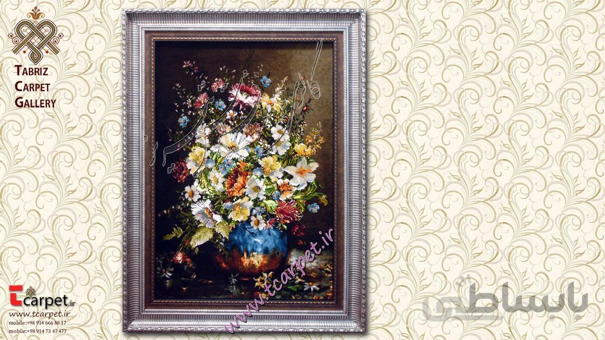 تابلو فرش گل طولی گلدان سفالی دورنگ جدید
