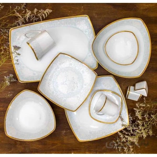 سرویس غذاخوری 12 نفره 105 پارچه چینی پردیس کاشان قالب پاریس طرح صنم فیروزه ای کد 463I