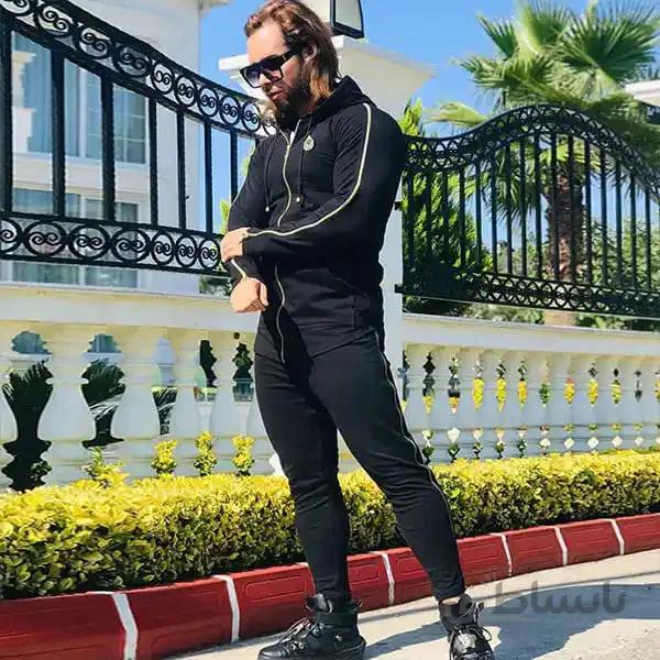 ست مردانه کد 023 هودی و شلوار طرح زیپ دار جنس دورس رنگ مشکی ا Men's zippered set made of full-length Dors