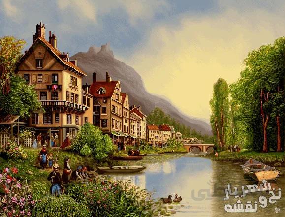نخ و نقشه تابلو فرش طرح طبیعت و کلبه ها - b38