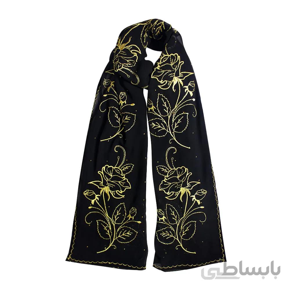 شال حریر مشکی گلدوزی گل رُز طلایی