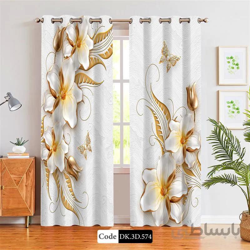 پرده پانچی (هازان و مخمل)کد DK.3D.574 طرح سه بعدی گل ها و پروانه های طلایی