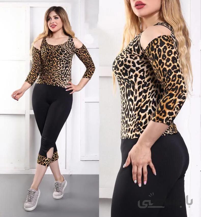 ست بلوز و برمودا زنانه سرشانه باز پلنگی فلامنت