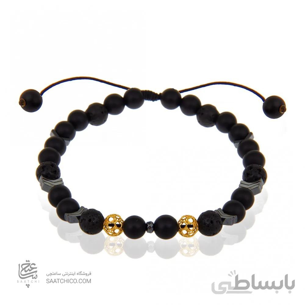 دستبند سنگ مردانه با پلاک طلا طرح گوی فیوژن کد MB120