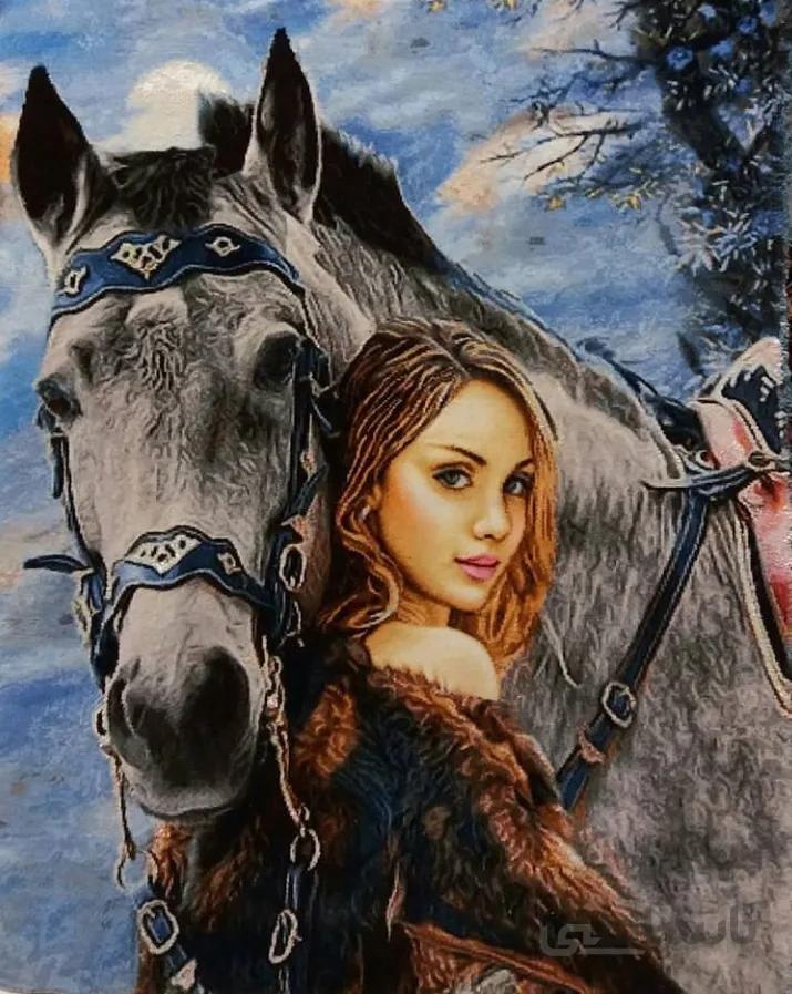 تابلو فرش برجسته دستبافت ابریشمی طرح دختر و اسب کد ۱۰۸۹۹