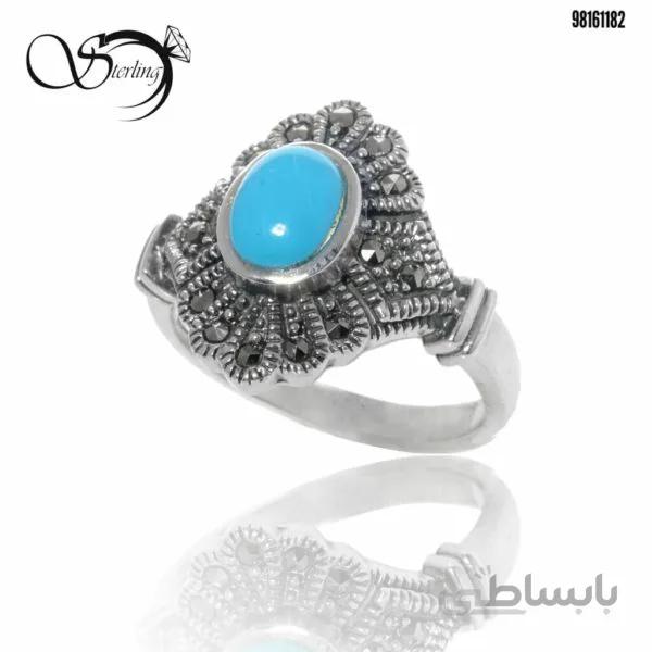 انگشتر  سیاه قلم نقره زنانه با نگین طرح فیروزه کد:۲۶۱۰