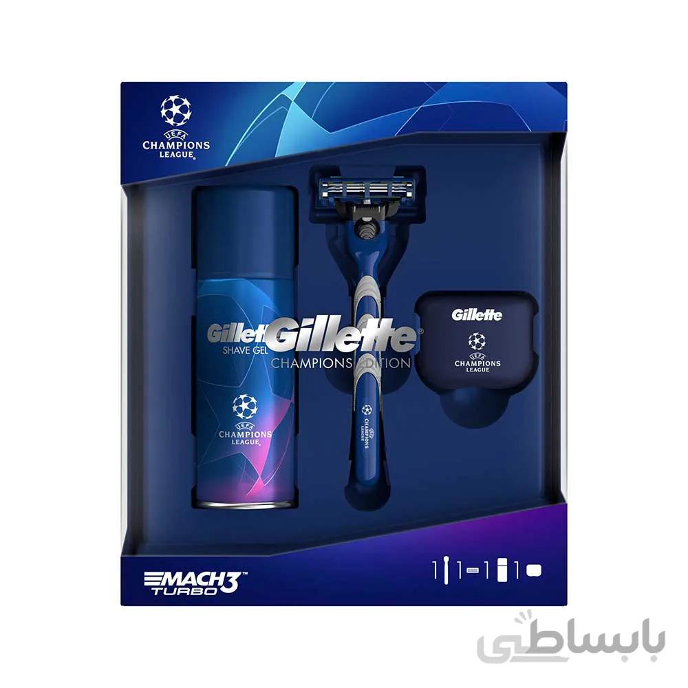 ست اصلاح gillete مدل mach3 turbo همراه با ژل و خودتراش ا Mach3 turbo gillete shaving set with gel and shaver