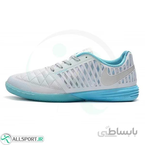 کفش فوتسال نایک لونارگتو طرح اصلی سفید نقره ای آبی Nike Lunar Gato II IC White Silver Blue