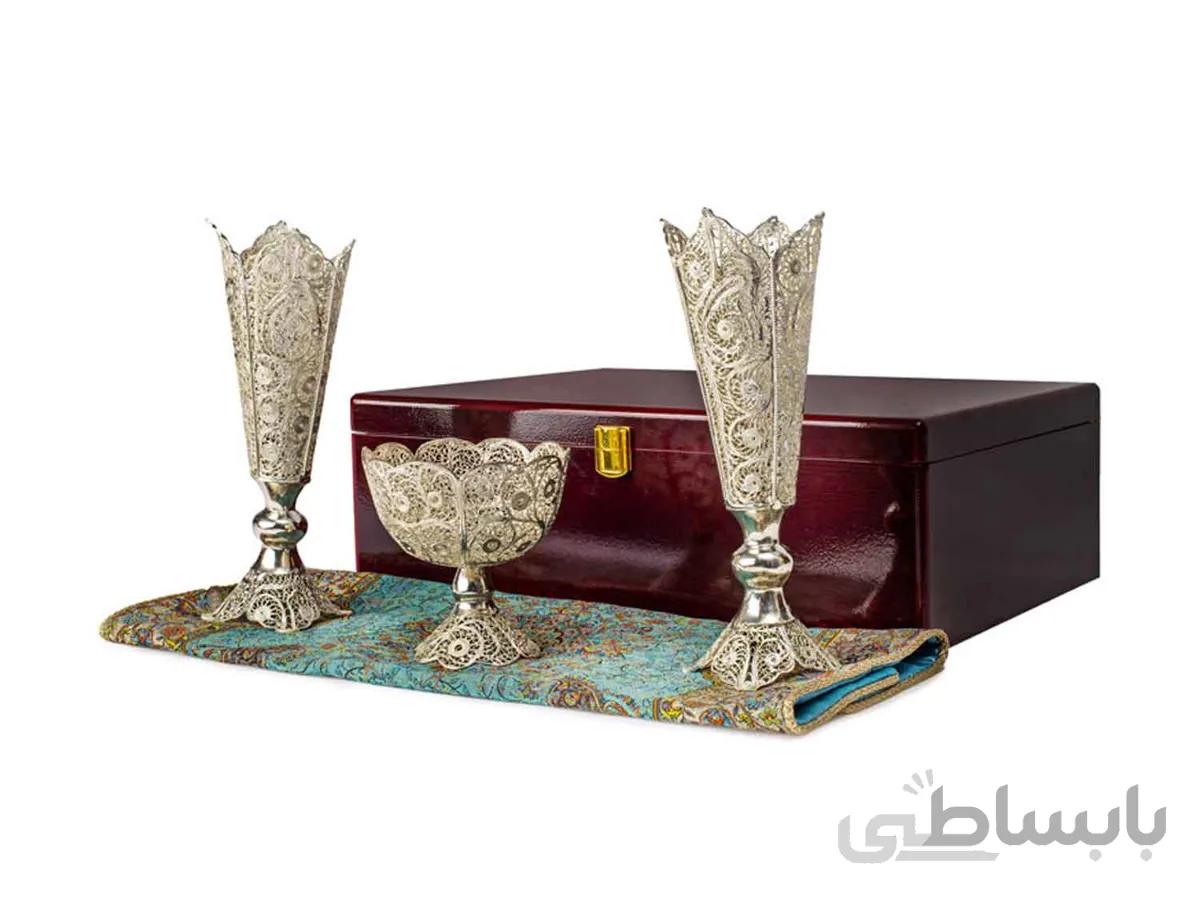 ست گلدان و آجیل خوری ملیله کاری