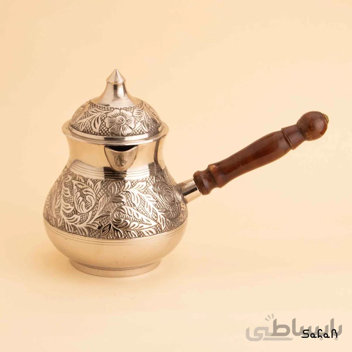قهوه جوش برنجی نقره ای در دار مدل گلی سایز 3