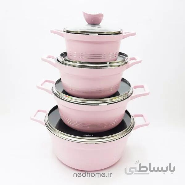 سرویس قابلمه چدن گرانیت 18 پارچه صورتی یونیک