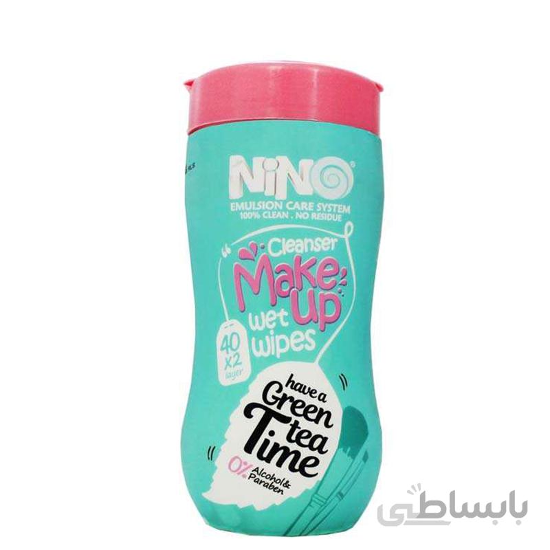 دستمال مرطوب پاک کننده آرایش چای سبز نینو ا Nino Make Up Cleanser Wet Wipes Green Tea Time80pcs