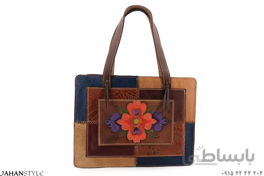 کیف دستی چرم طبیعی قلم زنی مدل چهل تکه