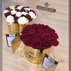 استوانه طلایی با 25 شاخه رز هلندی