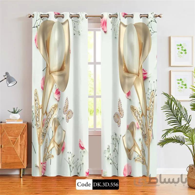 پرده پانچی (هازان و مخمل)کد DK.3D.556 طرح سه بعدی گل و پروانه طلایی