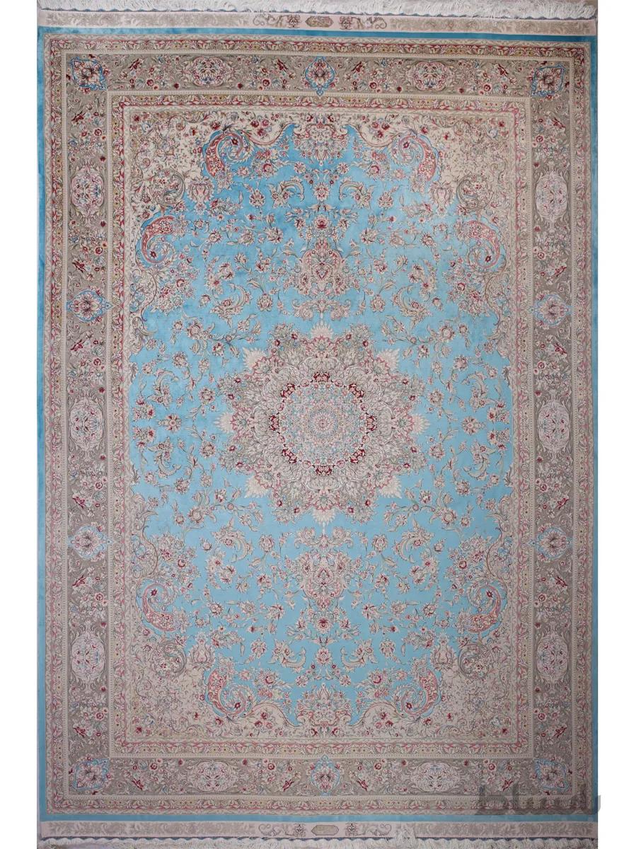 فرش ۱۶۰۰ شانه تمام ابریشم دستکار فیروزه ای کد 606