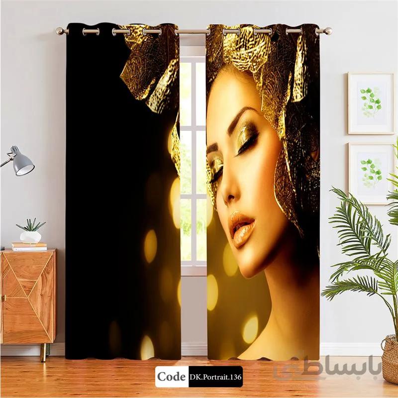 پرده پانچی (هازان و مخمل) کد DK.Portrait.136 طرح چهره زن با تاج طلایی