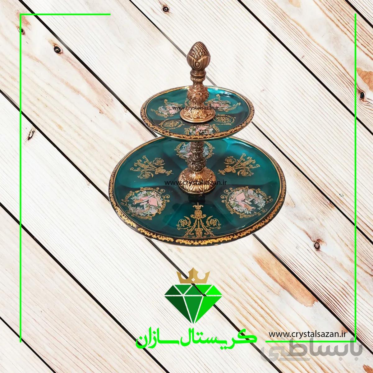 شیرینی خوری دو طبقه مدل پیزا طرح رومنس سبز متالیک رنگ کریستال سازان کد K1235