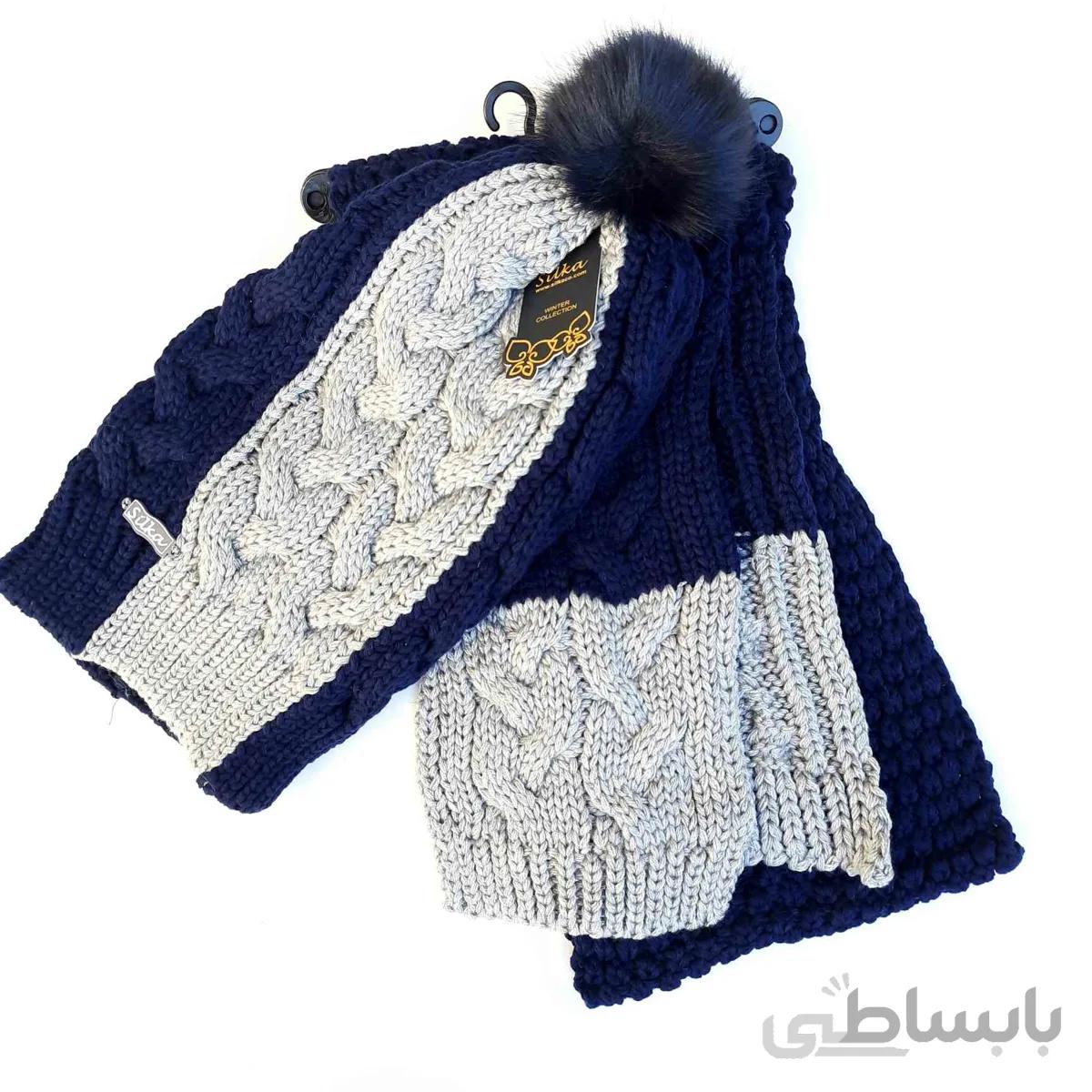شال و کلاه نوجوان و بزرگسال پوم دار خیاری مردانه و زنانه طوسی وصورتی