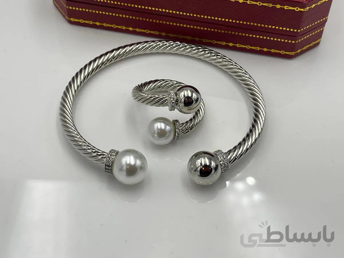 ست دستبند و انگشتر مرواریدی نقره ای