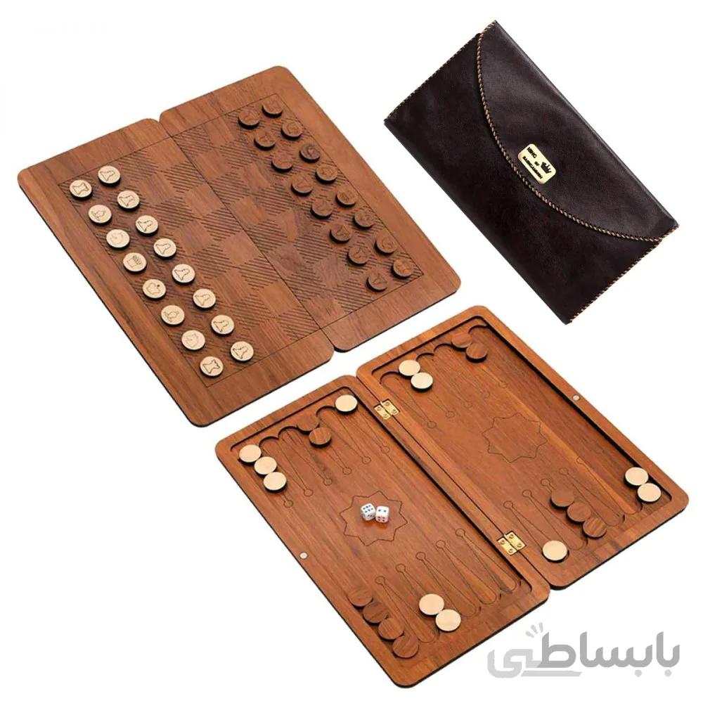 شطرنج و تخته نرد چوبی به همراه کیف چرمی