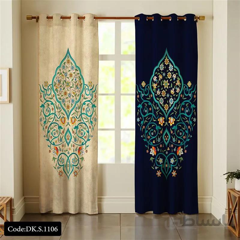پرده پانچی (هازان و مخمل)کد DK.S.1106 طرح ایرانی و سنتی اسلیمی گلدار دو رنگ