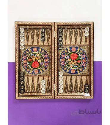تخته نرد خاتم کاری نقاشی گل و مرغ و تذهیب
