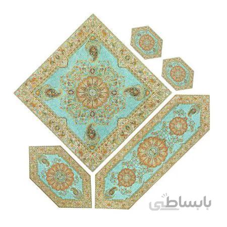 سرویس کامل رومیزی ترمه طرح افشار رنگ سبز آبی