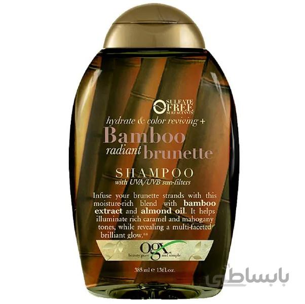 شامپو بامبو قهوه‌ای Bamboo Brunette اوجی ایکس OGX حجم ۳۸۵ میل – مغذی، بدون سولفات، محافظ رنگ کارامل و قهوه‌ای مو ا OGX Hydrate & Tone Reviving + Bamboo Radiant Brunette Shampoo 385ml