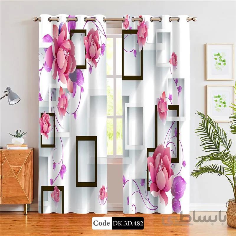 پرده پانچی (هازان و مخمل)کد DK.3D.482 طرح سه بعدی گل های صورتی و بنفش