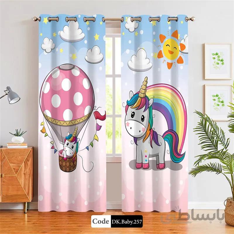 پرده پانچی (هازان و مخمل)کد DK.Baby.257 طرح نوزاد یونیکورن در بالون