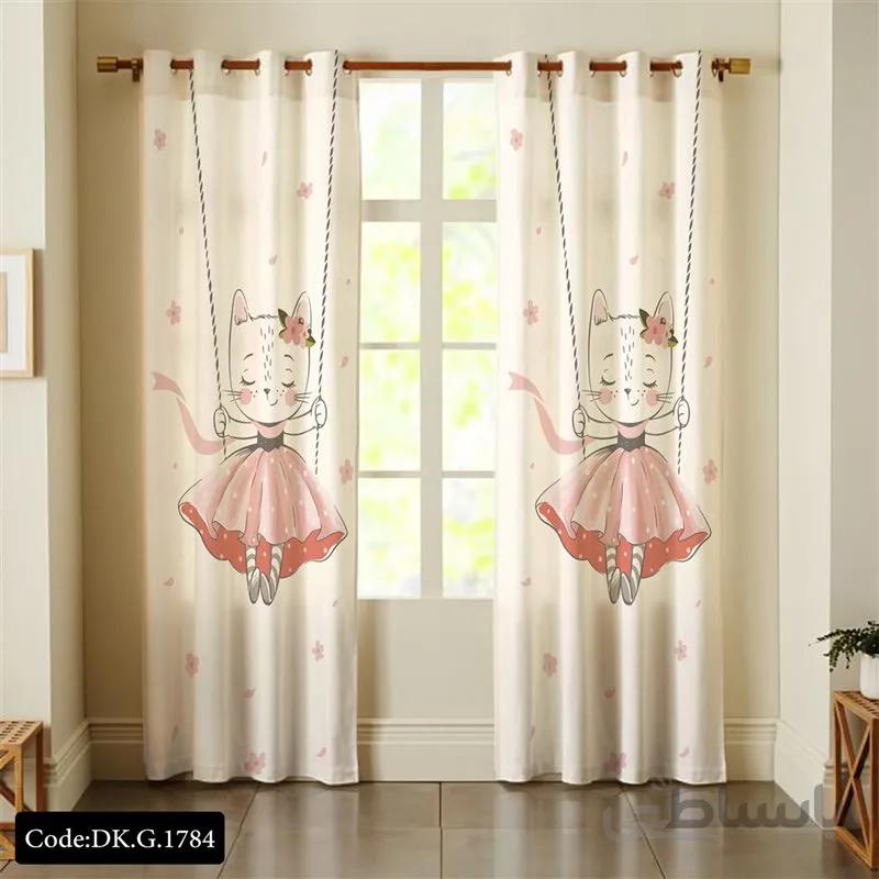 پرده پانچی (هازان و مخمل) کد DK.G.1784 طرح دخترانه گربه دامن پوش