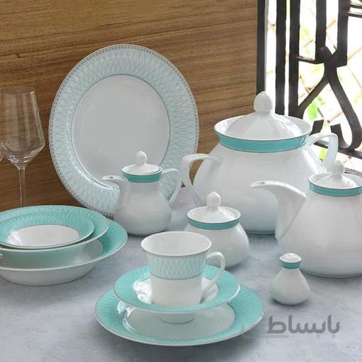 سرویس چینی زرین 12 نفره کامل ژانتی فیروزه ای (108 پارچه) ا Zarin Iran Shahrzad Zhanti-Turquoise 108 Pieces FDC Dinnerware Set