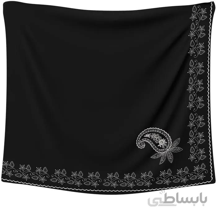 روسری حریر مشکی گلدوزی گل و ترنج نقره ای
