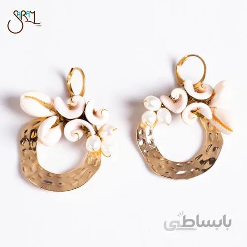 گوشواره گرد استیل چکشی با مروارید و صدف مدل 2106