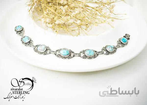 دستبند نقره زنانه سیاه قلم با سنگ فیروزه نیشابور معدنی بیضی