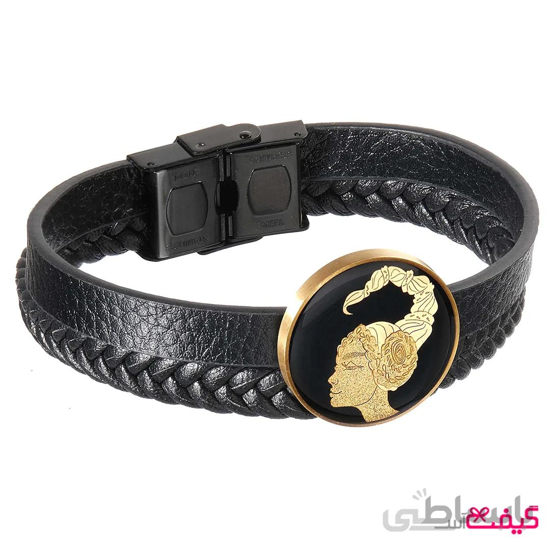دستبند مردانه چرم با ورق طلا ماه مهر