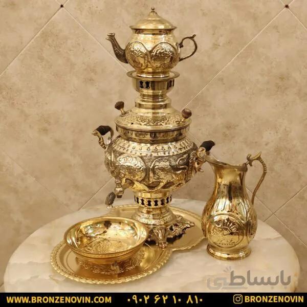 سماور شیر و خورشید برنجی ۴ لیتری قلم دست با سرویس