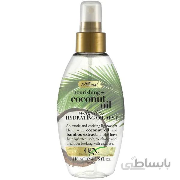 اسپری کوکونات اویل (روغن نارگیل) او جی ایکس coconut oil حجم ۱۱۸ میل| ترمیم قوی و ضد موخوره ا OGX Nourishing + Coconut Oil Weightless Hydrating Oil Hair Mist 118ml