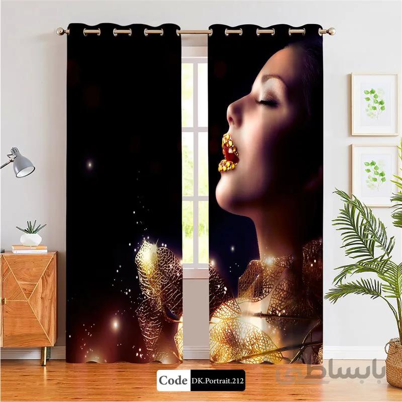 پرده پانچی (هازان و مخمل) کد DK.Portrait.212 طرح چهره زن با برگ های طلایی در شب