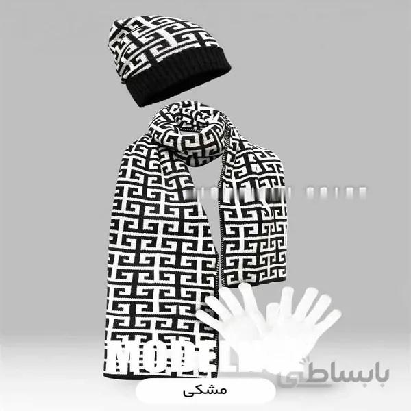 ست کلاه و شال گردن و دستکش اسپرت معینا شکیل مشکی و سفید