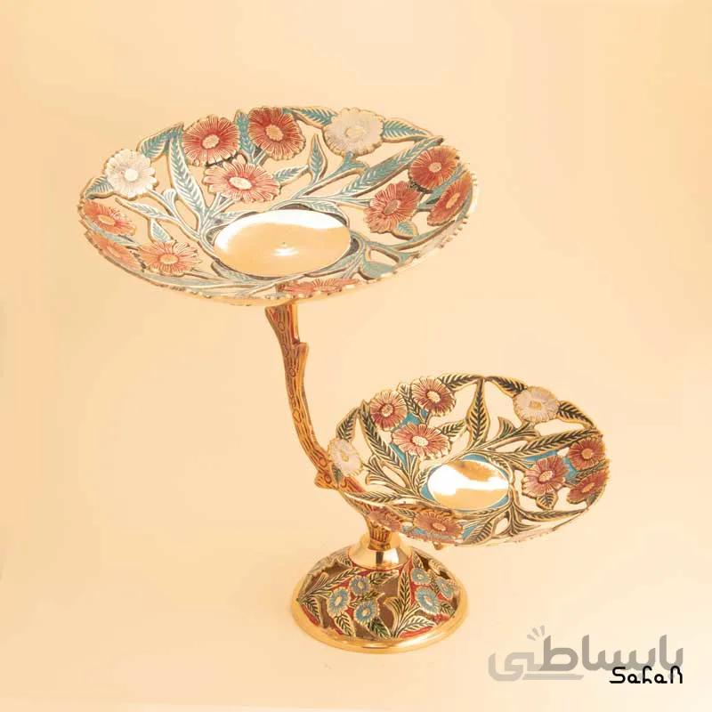 شیرینی خوری برنجی میناکاری پایه دار دو طبقه مدل درختی
