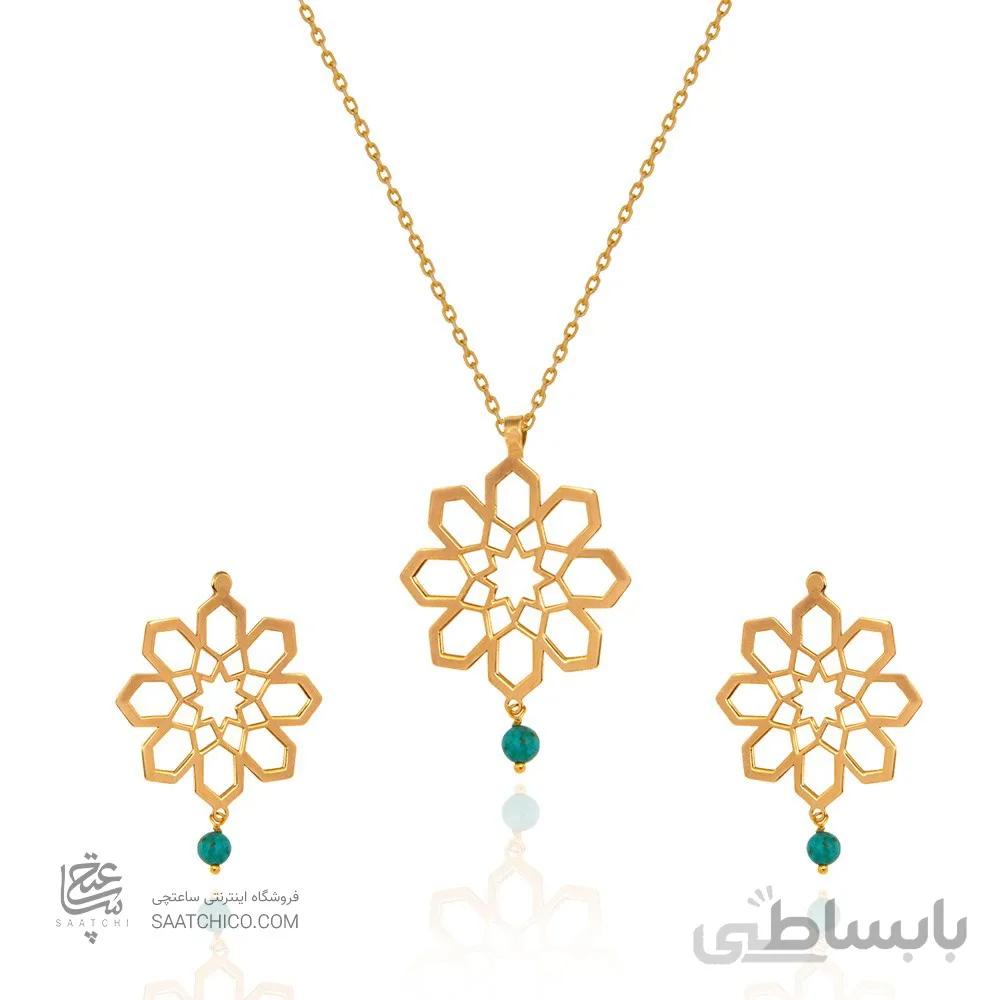 نیم ست طلا زنانه طرح اسلیمی با سنگ فیروزه کد XS221