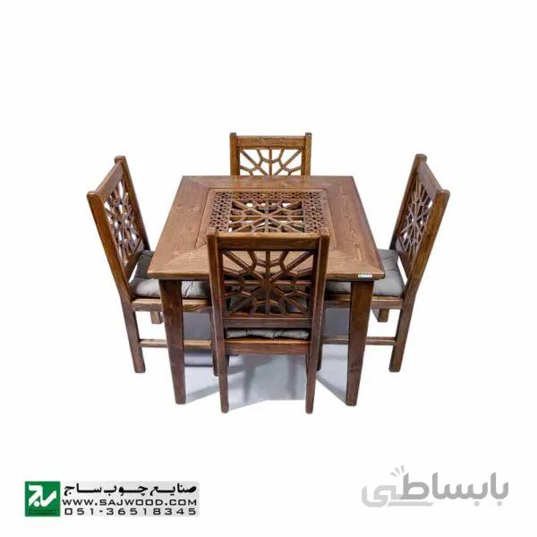 میز و صندلی غذا خوری سنتی چهار نفره چوبی صنایع چوب ساج مدل ۳۲۵