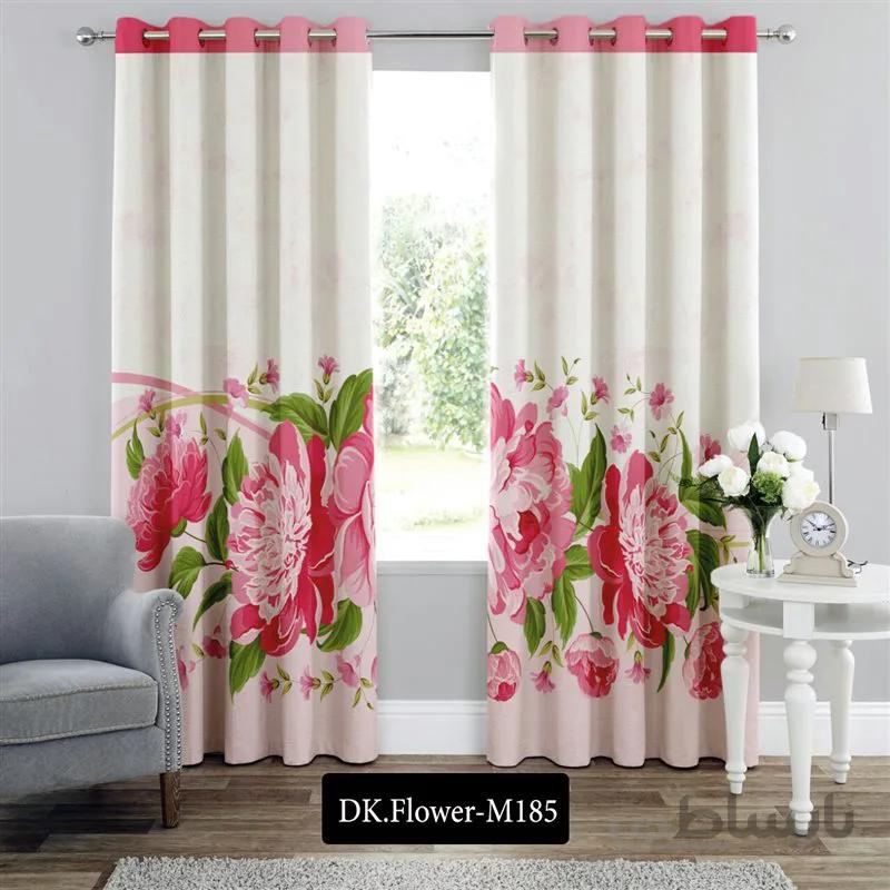 پرده پانچی (هازان و مخمل)کد DK.Flower.M185 طرح گل و منظره شاخه گل صورتی
