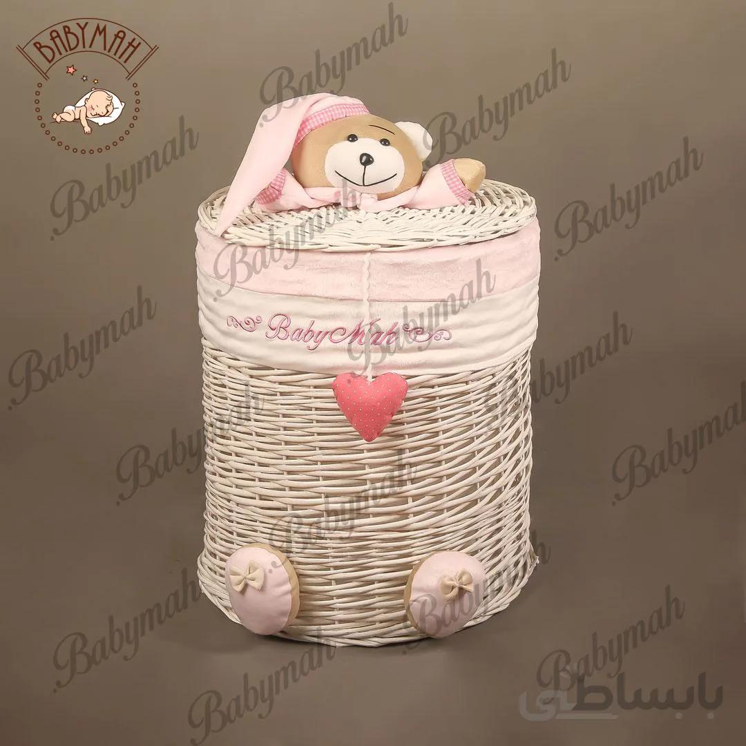 سبد استوانه سایز بزرگ خرس تدی رنگ صورتی
